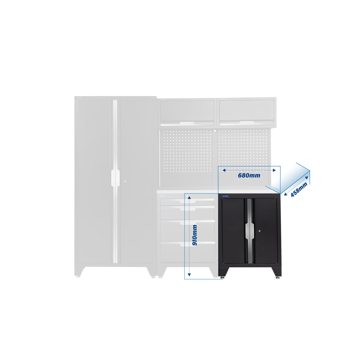 SGS 7pc Modular Garage Storage | 4 Drawers | Stainless Steel Worktop | Floor Cabinet | 2x Uppe Cabinet | Tall Double Cabinet